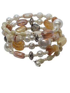 Multi-Strand Beaded Memory Wire Bracelet Faux Pearls Amber Tones Adjustable Size